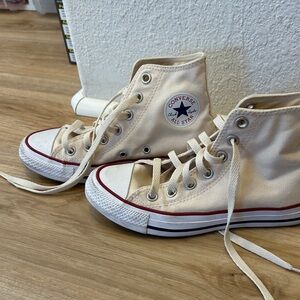 Converse All Star High-Tops in Cream and Red, 5.5 (woman’s)